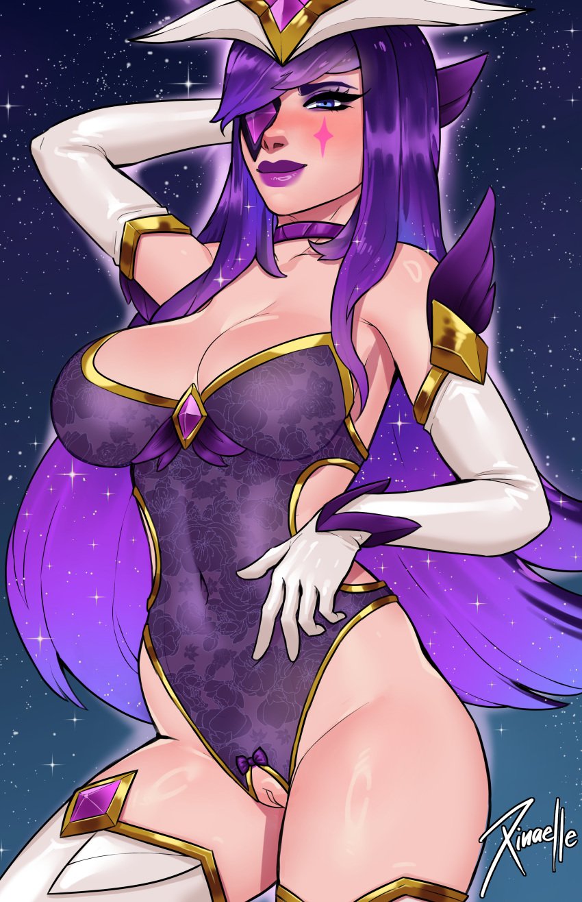 1girls blue_eyes breasts cosmic_hair gloves hat league_of_legends lingerie lips lipstick looking_at_viewer makeup necklace one_eye_closed purple_hair purple_lipstick star_guardian_series star_guardian_syndra stars syndra tatoos thick thick_ass thick_thighs thighhighs thighs white_body xinaelle