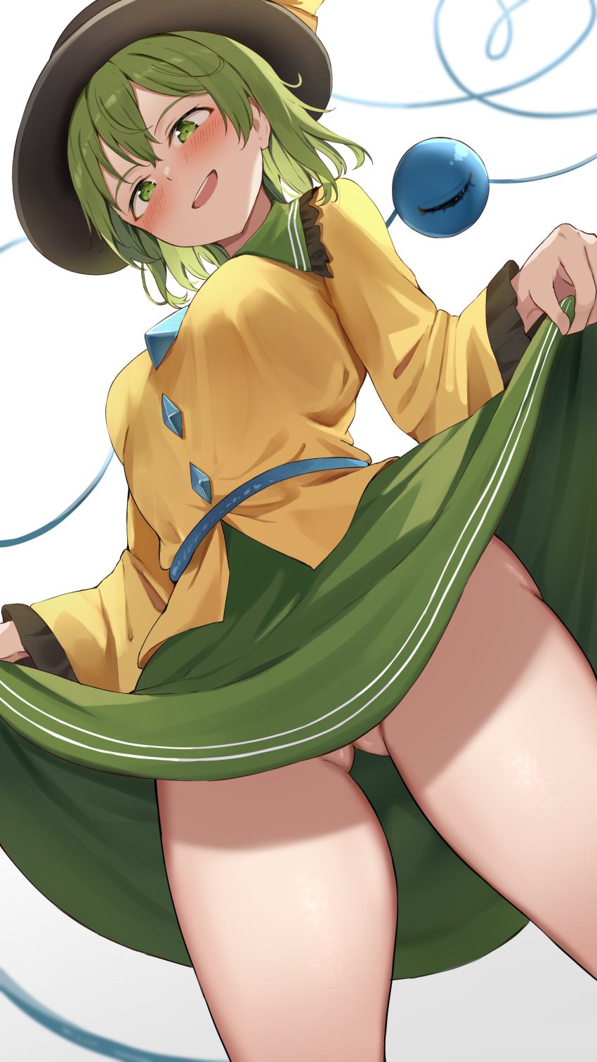 absurdres black_headwear blush bottomless breasts clothes_lift commentary_request female gluteal_fold green_eyes green_hair green_skirt heart heart_of_string highres koishi_komeiji komeiji_koishi lifted_by_self long_sleeves looking_at_viewer medium_breasts nagomian no_panties open_mouth shirt short_hair simple_background skirt skirt_lift smile solo third_eye touhou variant_set white_background yellow_shirt