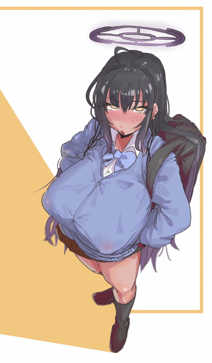 1girl 1girls above_view ahoge backpack bag bangs bangs_between_eyes black_hair black_kneesocks black_loafers black_socks blue_archive blue_bow blue_ribbon blue_sweater blue_topwear blush blush_lines bow breasts cleaning_&_clearing_(blue_archive) collared_shirt dark-skinned_female dark_skin female from_above gradient_hair hair_between_eyes halo karin_(blue_archive) karin_kakudate kneehigh_socks kneehighs kneesocks large_breasts leebongchun lips lipstick loafers long_hair messy_hair microskirt millennium_science_school_student nipple_bulge nipples nipples_visible_through_clothing open_mouth purple_hair red_lips red_lipstick ribbon school_bag school_uniform schoolgirl schoolgirl_uniform sidelocks skirt solo two_tone_hair undershirt very_long_hair white_collared_shirt yellow_eyes