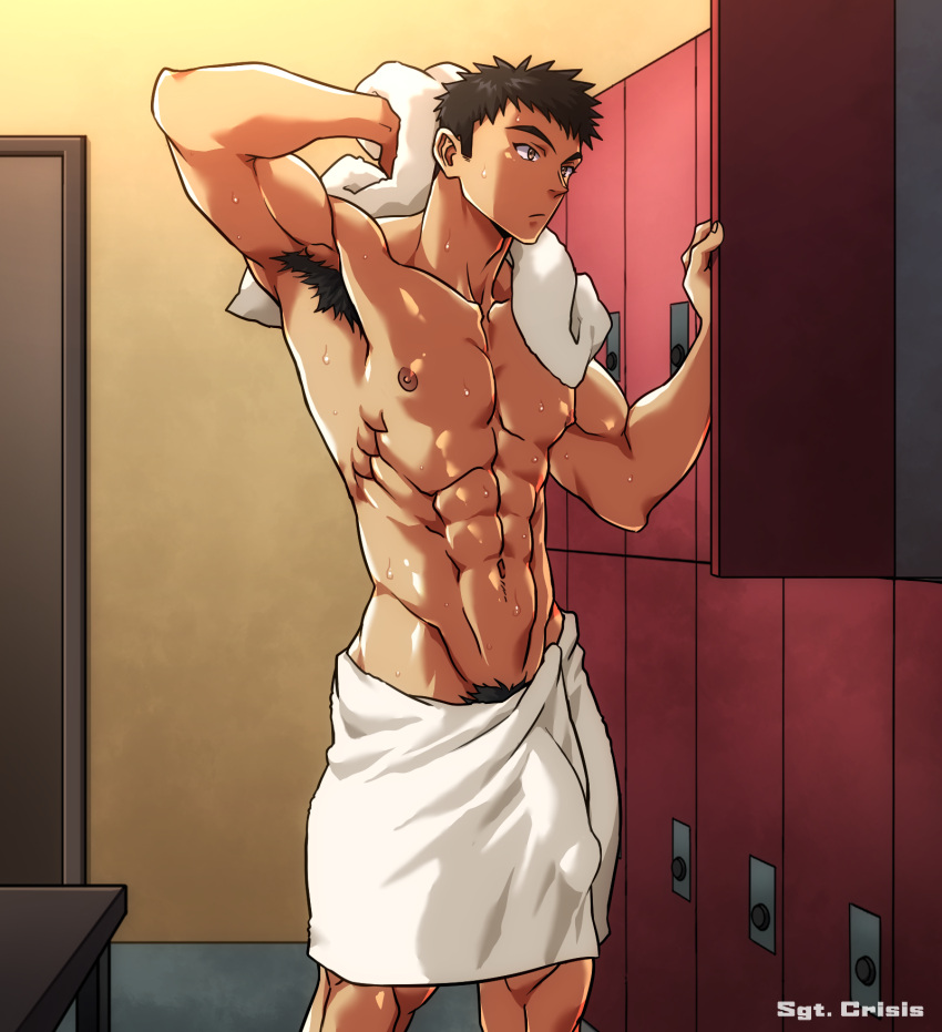 1boy armpit_hair bara bara_tits barazoku big_bulge bulge drying_hair gay huge_bulge ichan locker_room male male_focus male_nipples male_only male_pubic_hair manly muscular_male naked_towel nipples penis_outline pubic_hair_peek solo solo_male towel towel_around_waist wet yaoi