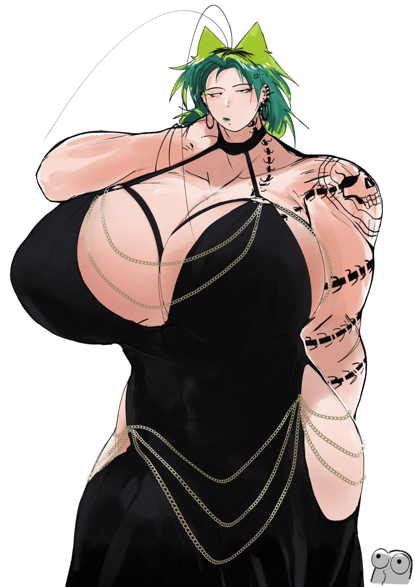 alien_girl ass_bigger_than_head big_ass big_breasts dress ear_piercing green_hair huge_breasts jeans lipstick modakawa_dress roach rochi rochi(rrrroch1) rrrroch1 taller_girl tattoo tomboy