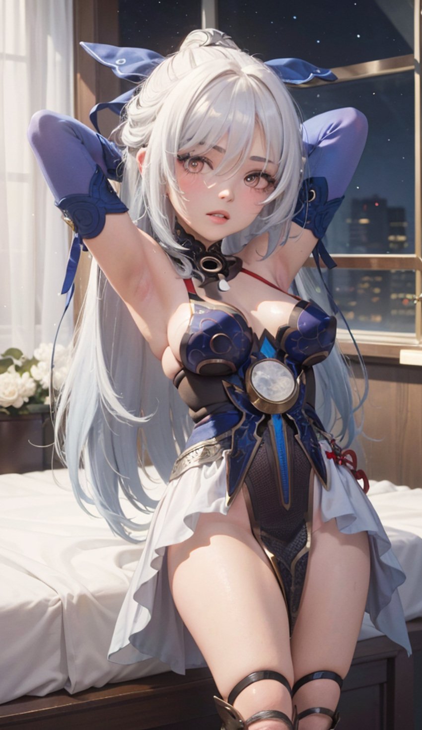 1girls ai_generated armpits arms_up bare_shoulders blush boots clothing cortezian_generations dress female gloves hard_nipples hi_res honkai:_star_rail honkai_(series) hoyoverse jingliu_(honkai:_star_rail) long_hair mihoyo night_sky no_blindfold patreon sideboob small_breasts solo stars thick_thighs thighs white_hair young