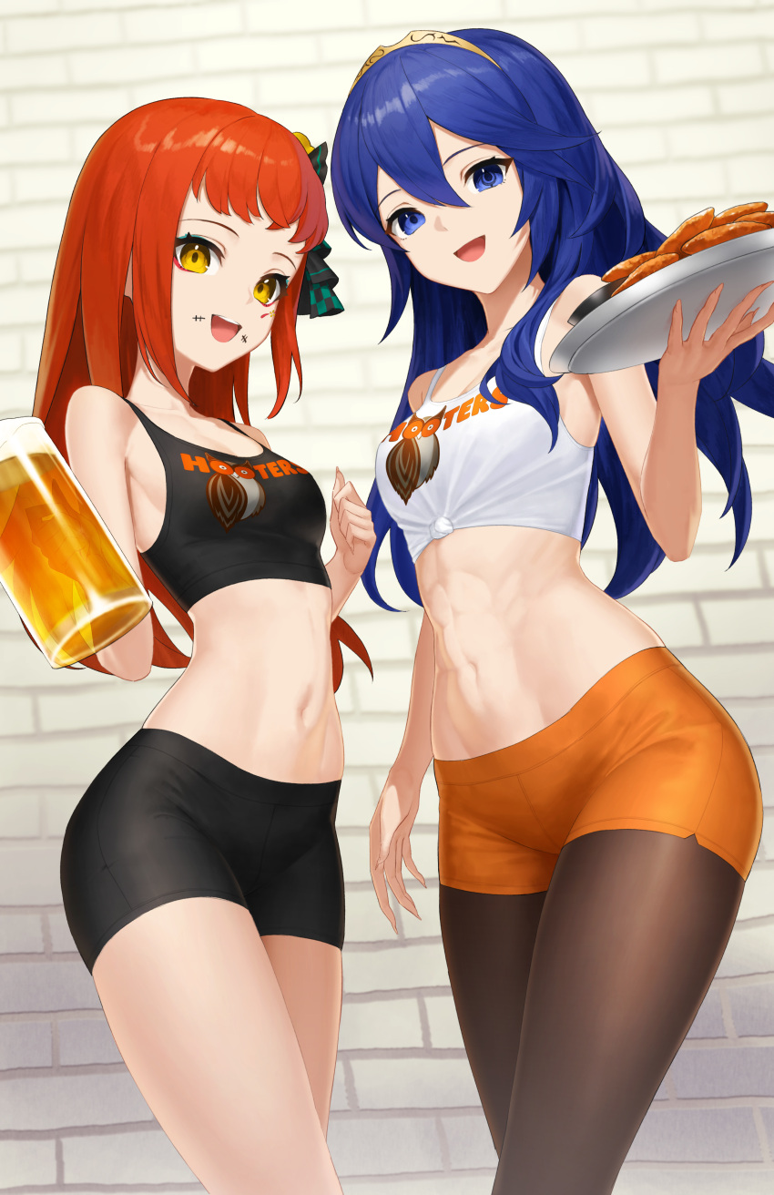 2girls abs absurdres alternate_costume aqua_eyeshadow bare_shoulders beer_mug blue_eyes blue_hair brick_wall chicken_(food) chicken_wing commission cup dhokidoki eyeliner eyeshadow facial_mark female female_only fire_emblem fire_emblem_awakening fire_emblem_engage food hair_between_eyes highres holding holding_cup holding_plate hooters lucina_(fire_emblem) makeup midriff mismatched_pupils mug multiple_girls navel nintendo non-web_source open_mouth orange_hair panette_(fire_emblem) pantyhose plate red_eyeliner short_bangs short_shorts shorts stitched_mouth stitches tiara toned waitress yellow_eyes