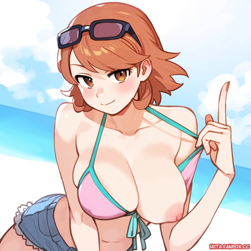 1girls ai_generated atlus beach bikini bikini_top_aside bikini_top_only breasts brown_eyes brown_hair commission denim denim_shorts eyewear_on_head female female_only flashing front-tie_bikini_top front-tie_top highres hiita_(hitta_99) index_finger_raised large_breasts leaning_forward light_blush nipples ocean one_breast_out persona persona_3 pixiv_commission sega short_hair short_shorts shorts smile solo solo_female sunglasses swimsuit yukari_takeba