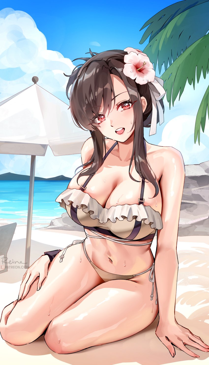 1girls beach bikini black_hair breasts female final_fantasy final_fantasy_vii final_fantasy_vii_rebirth final_fantasy_vii_remake foxyrain_(foxyreine) foxyreine hi_res huge_breasts light-skinned_female light_skin long_hair outdoors red_eyes smile swimsuit thick_thighs tifa_lockhart tifa_lockhart_(shining_spirit)