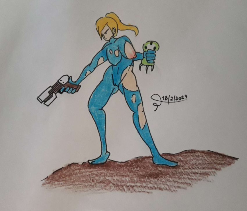 blonde_hair breasts camel_toe cameltoe metroid metroid_(creature) one_breast_out paper_drawing ripped_clothing samus_aran sandiestlittlefella sketch wardrobe_malfunction zero_suit zero_suit_samus