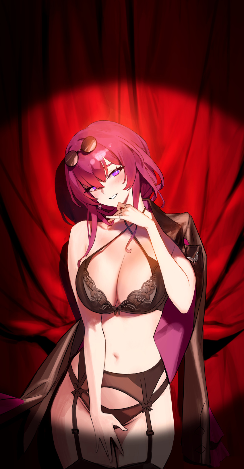 1girls absurd_res absurdres adult bare_arms bare_chest bare_midriff bare_shoulders bare_skin bare_thighs bby belly belly_button black_bra black_jacket black_panties black_thighhighs black_underwear blush blush_lines bra breasts cleavage covering_crotch covering_pussy earrings elbows eyewear_on_head female female_focus female_only fingers groin hair_between_eyes head_tilt high_resolution highres honkai:_star_rail hourglass_figure jacket kafka_(honkai:_star_rail) large_breasts legs light-skinned_female light_skin lingerie long_hair medium_breasts naked naked_female navel nude nude_female open_mouth panties purple_eyes purple_eyes_female red_background red_hair red_hair_female ring shoulders sidelocks simple_background slender_body slender_waist slim_girl slim_waist smile smiling solo spotlight standing sunglasses sunglasses_on_forehead sunglasses_on_head thighhighs thighs thin_waist tilted_head underwear upper_body v-line wide_hips