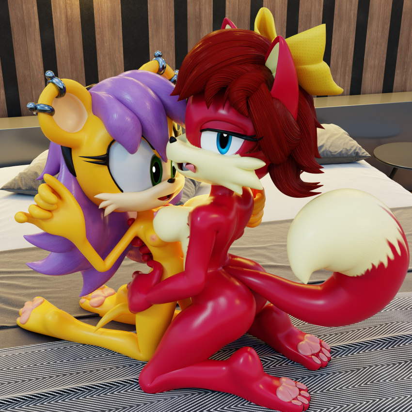 3d absurd_res archie_comics ass barefoot big_breasts blender_(software) blue_eyes breast_squeeze breasts canid canine digital_media feet female female/female fiona_fox fox green_eyes herpestid hi_res hug looking_at_viewer mammal mina_mongoose mongoose paws rotalice2 sega size_difference smile sonic_(series) sonic_-_adult sonic_the_hedgehog_(archie) sonic_the_hedgehog_(comics) sonic_the_hedgehog_(series) worried_look