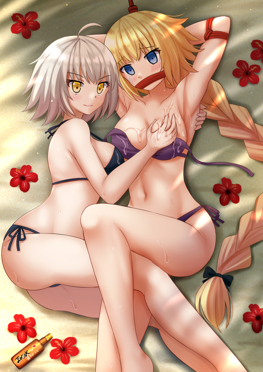 2girls armpits arms_behind_head arms_up bdsm beach bikini blonde_hair blue_eyes blush bondage bound bound_arms braid braided_ponytail crying crying_with_eyes_open fate/grand_order fate_(series) female female_only femdom flowers gag gagged grabbing grabbing_another's_breast highres improvised_gag jeanne_alter jeanne_d'arc jeanne_d'arc_(alter)_(fate) jeanne_d'arc_(fate) kazenokaze large_breasts long_hair long_ponytail lotion lying lying_on_side multiple_girls navel outdoors ponytail sand short_hair smile sunscreen tears untied_bikini white_hair yellow_eyes yuri