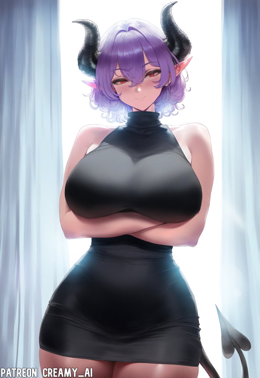 1girls ai_generated arms_under_breasts creamy_ai crossed_arms demon demon_girl hi_res kinsou_no_vermeil large_breasts milf patreon_username purple_hair red_eyes short_hair stable_diffusion succubus thick_thighs turtleneck turtleneck_sweater vermeil vermeil_(kinsou_no_vermeil) vermeil_in_gold