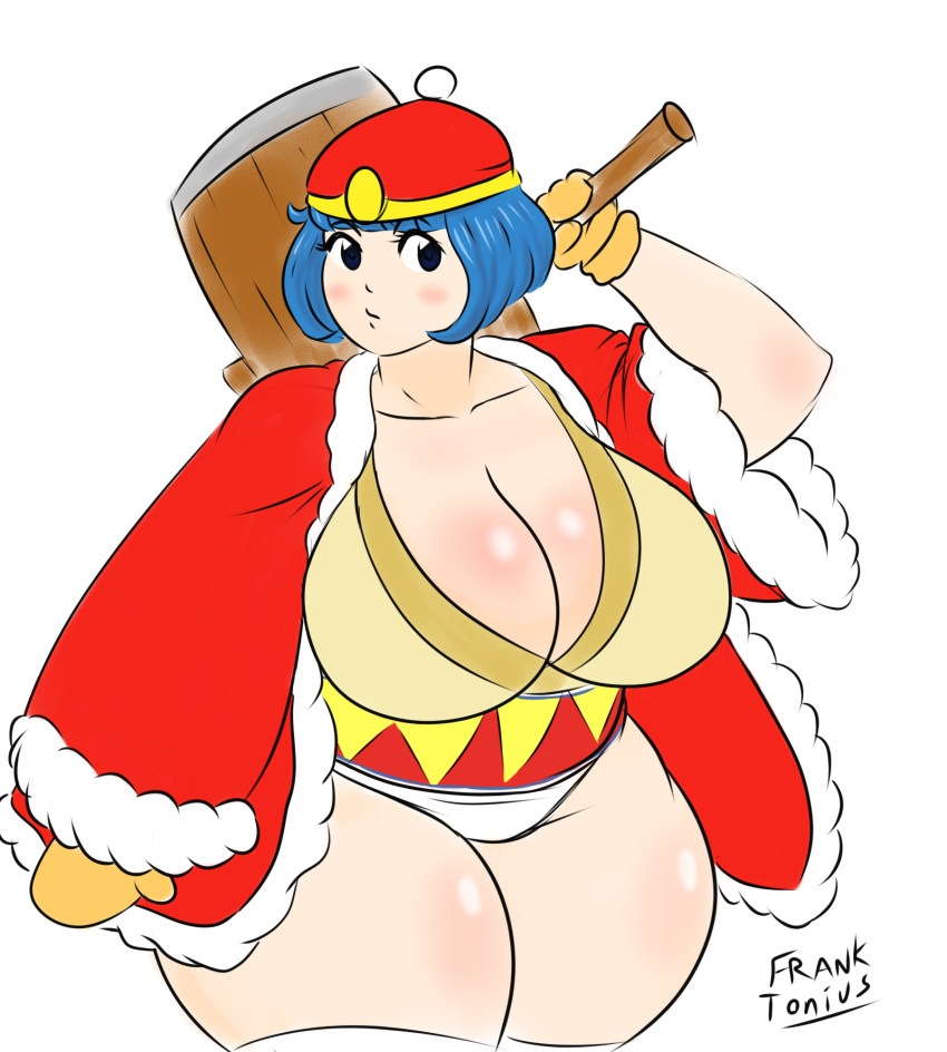 1girls artist_name big_breasts blue_hair blush bottomless bottomless_female cleavage cleavage_overflow coat female female_only franktonius genderswap_(mtf) giant_breasts hammer hips huge_breasts king_dedede kirby_(series) large_breasts mallet mittens nintendo panties queen_dedede robe rule_63 solo thick_thighs thighs underwear voluptuous voluptuous_female wide_hips