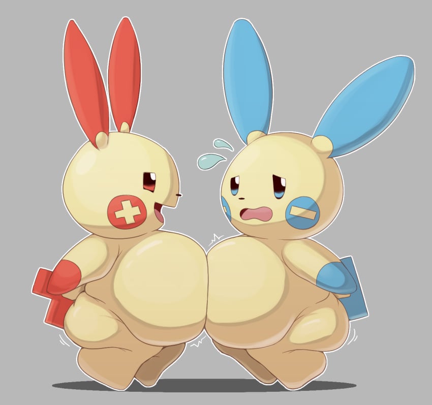 belly-to-belly belly_press belly_squish big_belly blue_eyes gamefreak hips huge_belly minun minus_sign nintendo plus_sign plusle pokemon pokemon_(species) red_eyes shortstack shweetmagnet sweat sweatdrop thick_thighs wide_hips