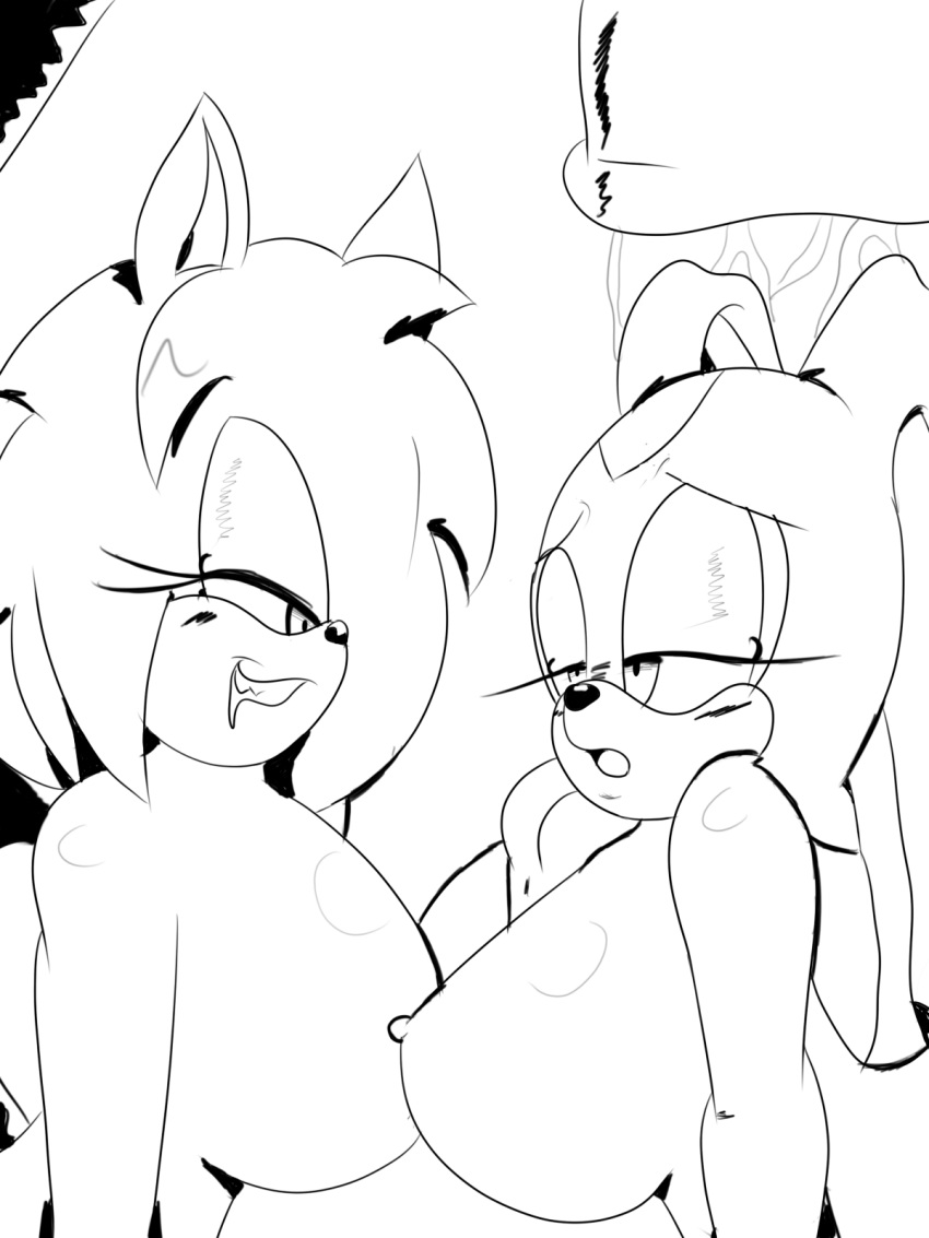 anthro asymmetrical_docking big_breasts breasts breasts_frottage cream_the_rabbit female female_only furry half-closed_eyes hand_on_cheek hedgehog hguy44 lagomorph monochrome multiple_girls naughty_face nude rabbit sega sharp_teeth smile sonic_(series) sonic_team torogao video_games yuri