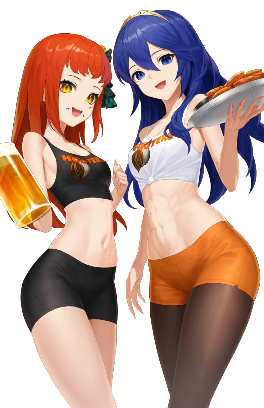 2girls abs absurdres alternate_costume aqua_eyeshadow bare_shoulders beer_mug blue_eyes blue_hair chicken_(food) chicken_wing commission cup dhokidoki eyeliner eyeshadow facial_mark female female_only fire_emblem fire_emblem_awakening fire_emblem_engage food hair_between_eyes highres holding holding_cup holding_plate hooters lucina_(fire_emblem) makeup midriff mismatched_pupils mug multiple_girls navel nintendo non-web_source open_mouth orange_hair panette_(fire_emblem) pantyhose plate red_eyeliner short_bangs short_shorts shorts stitched_mouth stitches tiara toned transparent_background waitress yellow_eyes