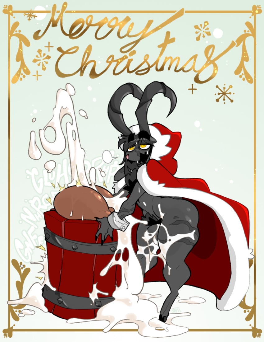 anthro ass bodily_fluids bovid caprine caprine_demon christmas christmas_clothing clothing cum demon fur genital_fluids genitals goat goat_demon grey_body grey_fur hi_res holiday_card holidays horn jinti jinti_(artist) long_ears male mammal merry_christmas penis pubes santa_coat simple_background solo yellow_eyes