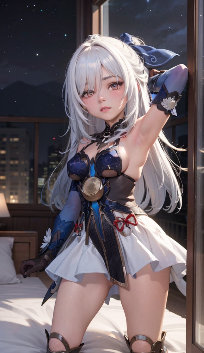 1girls ai_generated armpits arms_up bare_shoulders blush boots clothing cortezian_generations dress female gloves hard_nipples hi_res honkai:_star_rail honkai_(series) hoyoverse jingliu_(honkai:_star_rail) long_hair mihoyo night_sky no_blindfold patreon sideboob small_breasts solo stars thick_thighs thighs white_hair young