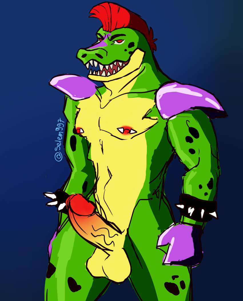 absurd_res alligator alligatorid animatronic anthro balls biceps boner clothing crocodilian digital_drawing_(artwork) digital_media_(artwork) erection fangs five_nights_at_freddy's five_nights_at_freddy's:_security_breach genitals gloves green_body hair handwear hi_res humanoid_genitalia humanoid_penis machine male male_only mohawk montgomery_gator_(fnaf) muscular muscular_anthro muscular_male nipple_piercing nipples nude open_mouth penis piercing red_hair reptile robot scalie scottgames selem997 simple_background smile solo solo_male steel_wool_studios teeth