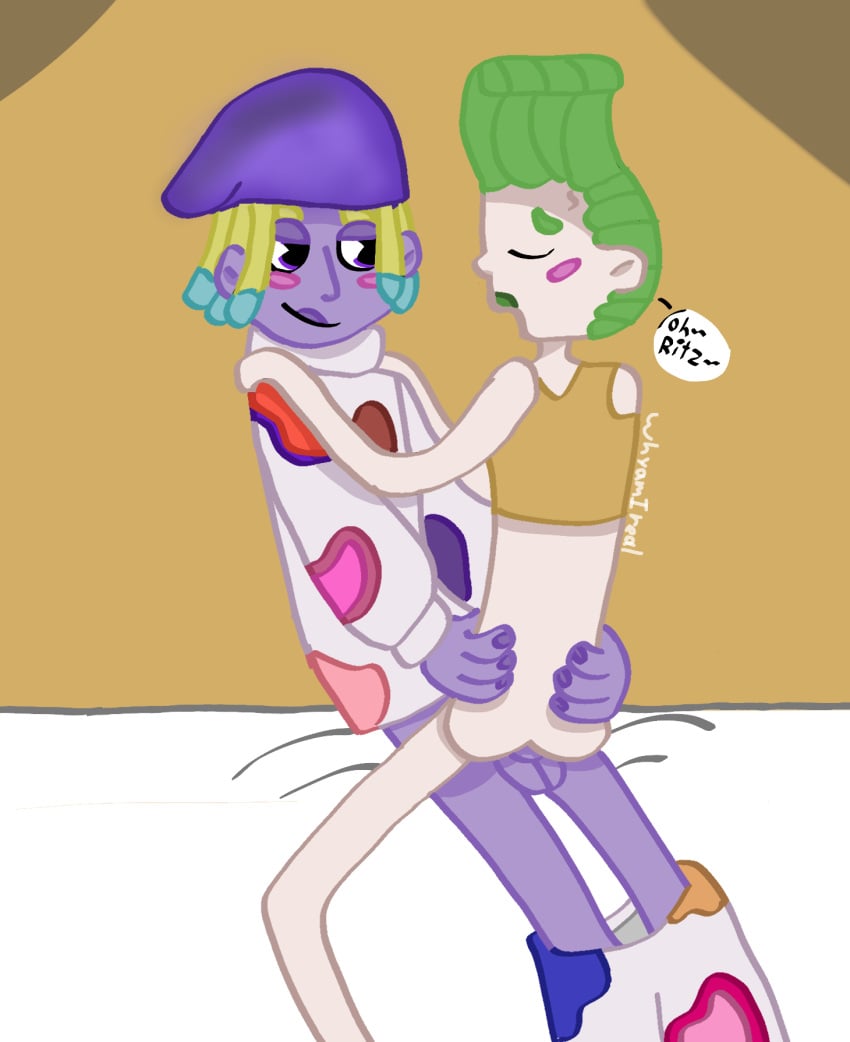 green_hair kid_ritz_(trolls) purple_eyes purple_skin skinny toony trolls trolls_band_together veneer_(trolls) white_skin