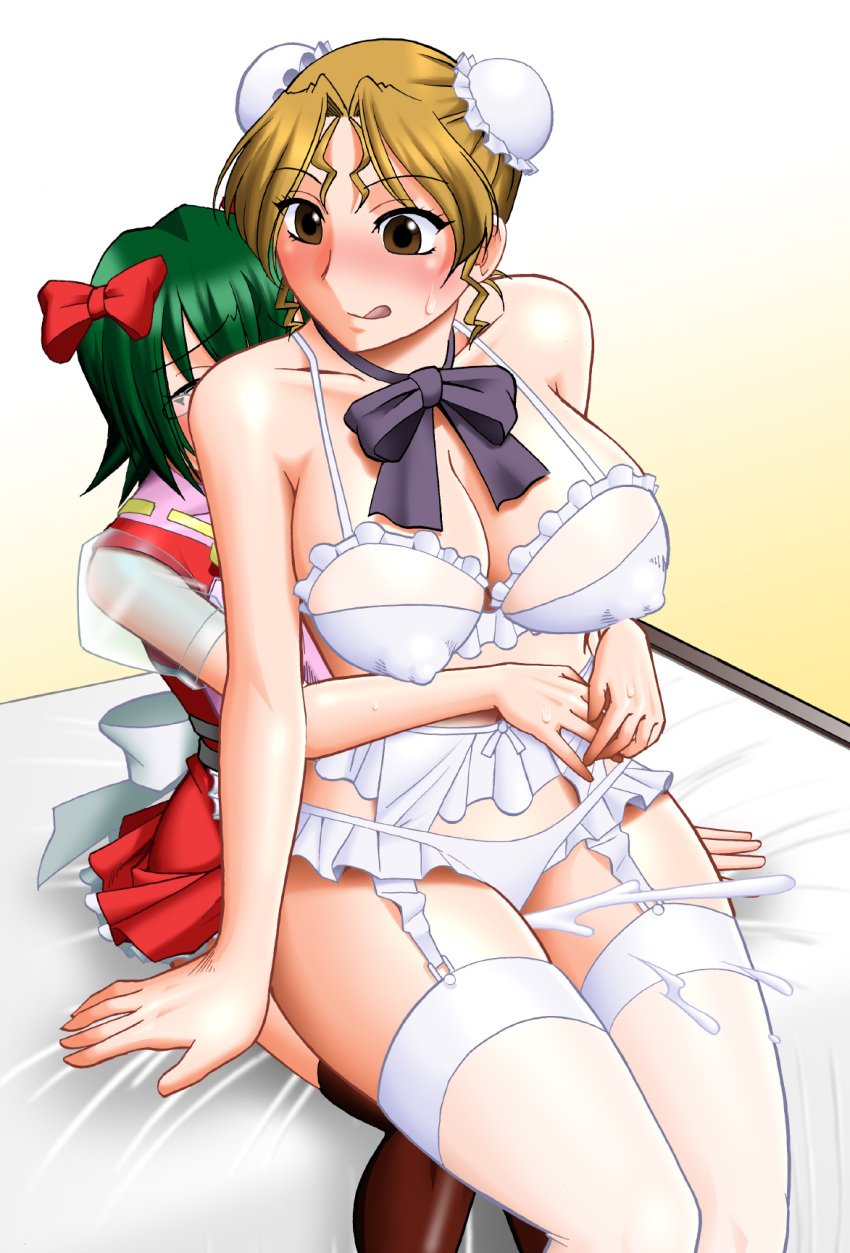 1boy 1girls apron blush bra breasts brown_eyes brown_hair bun_cover collarbone covered_nipples crossdressing crossover cum cum_on_legs double_bun dress female female_on_femboy femboy femboy_on_female garter_straps green_hair hair_bun hair_ribbon hands_on_bed hayasaka_akira highres hug hug_from_behind large_breasts lingerie long_hair looking_at_another looking_back male male/female mature_female milf minase_itsuki_(vs_janshi_brand-new_stars) mokkouyou_bond neck_ribbon nipples on_bed open_mouth otoko_no_ko panties red_ribbon ribbon shiny_skin short_hair simple_background sitting sitting_on_person skirt smile super_real_mahjong super_real_mahjong_p5 sweat tears thigh_sex thighhighs underwear vs_janshi_brand-new_stars white_bra white_panties white_thighhighs