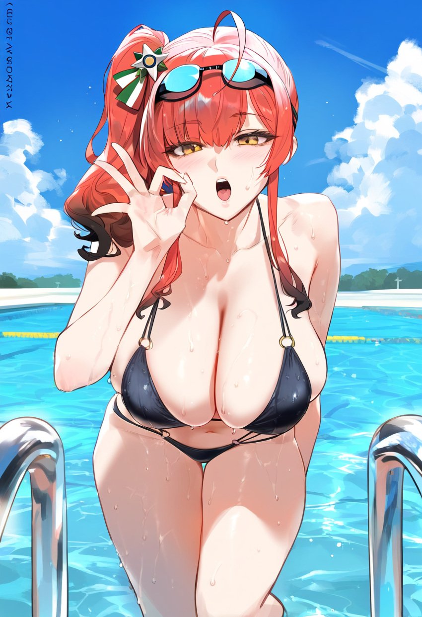 1boy 1girls ai_generated azur_lane big_ass big_breasts big_penis bikini eyelashes female fringe imminent_oral light-skinned_female long_penis oral oral_gesture oral_insinuation oral_invitation pale-skinned_female ponytail pool poolside red_hair redhead sayuai side_ponytail yellow_eyes zara_(azur_lane)