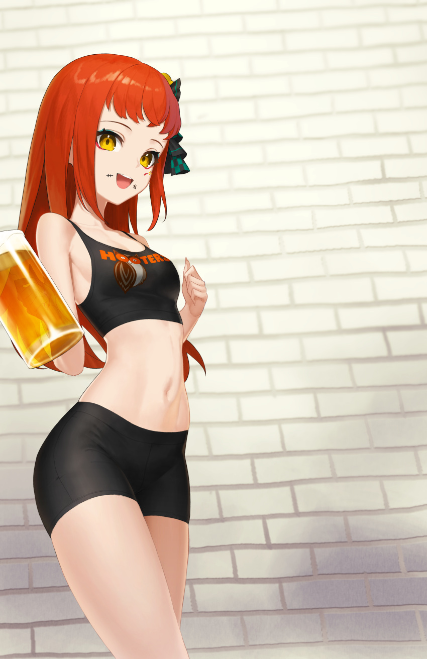 1girls absurdres alternate_costume aqua_eyeshadow bare_shoulders beer_mug black_shorts black_tank_top breasts brick_wall commission crop_top cup dhokidoki eyeliner eyeshadow facial_mark female female_only fire_emblem fire_emblem_engage highres holding holding_cup hooters long_hair makeup mug navel nintendo non-web_source open_mouth orange_hair panette_(fire_emblem) red_eyeliner short_bangs shorts sidelocks small_breasts smile solo stitched_mouth stitches tank_top teeth upper_teeth_only waitress