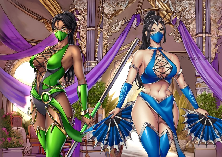 2girls black_hair bladed_fan bladed_weapon blue_outfit chocolate_and_vanilla cleavage clothed commission dark-skinned_female dark_skin detailed_background edenian face_mask fan female_only green_outfit jade_(mk9) jade_(mortal_kombat) kitana kitana_(mk9) kitana_(new_era) light-skinned_female light_skin long_hair looking_at_viewer mortal_kombat mortal_kombat_(2011) mortal_kombat_1_(2023) staff thigh_high_boots thighhighs thighs thotlerrr treartz