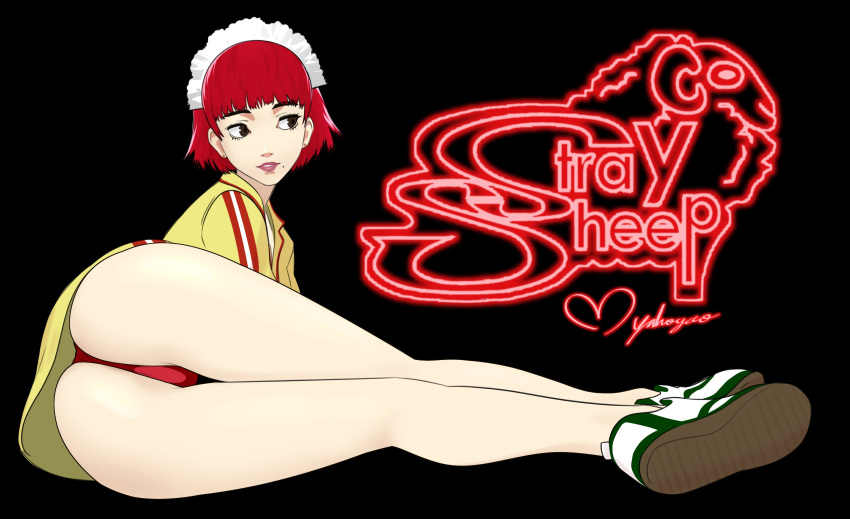 1girls 2d 2d_(artwork) atlus brown_eyes catherine_(game) digital_drawing_(artwork) digital_media_(artwork) erica_anderson female mole mole_under_mouth myahogao red_hair red_panties sega shoes solo solo_focus waitress_uniform yellow_clothing