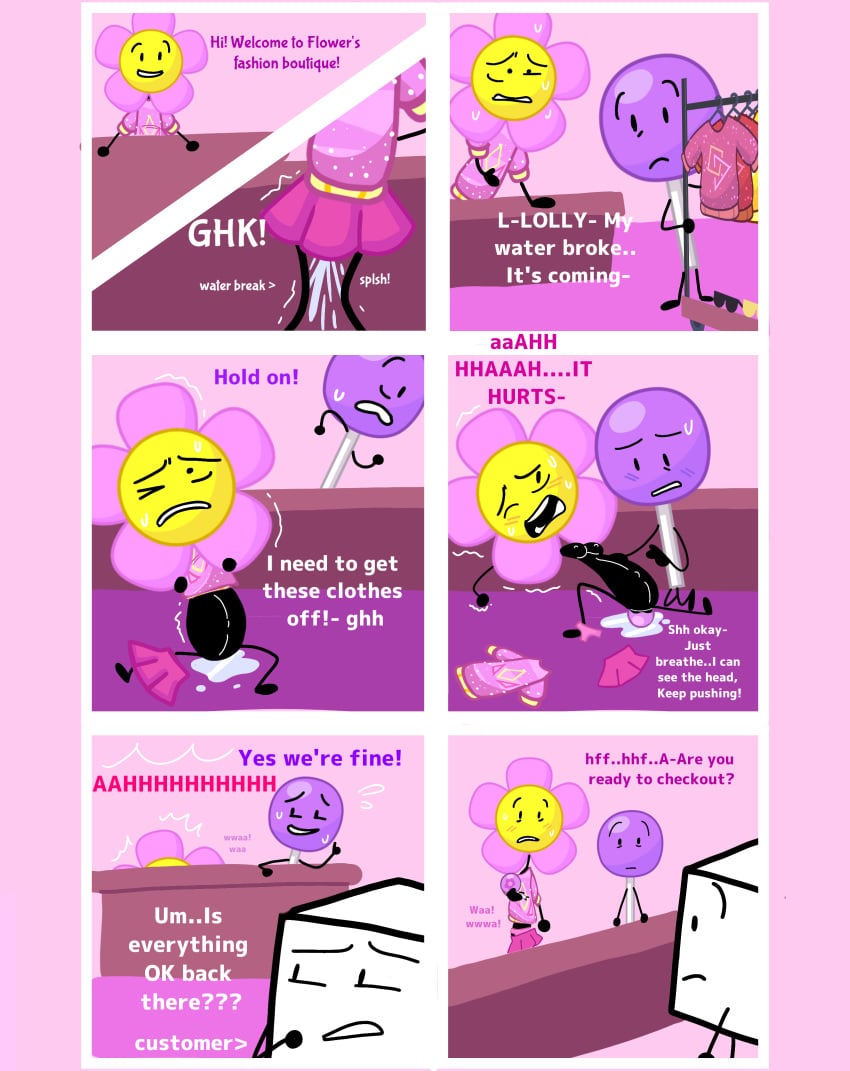 accurate_art_style anonymous_character anthro battle_for_dream_island big_belly birth breasts childbirth comic fanchild female female/female flower flower_(bfdi) flowerpop labor labor_pains lesbian_couple lollipop lollipop_(bfdi) object_shows pregnancy pregnant pregnant_belly pregnant_female princessbb stickman yuri