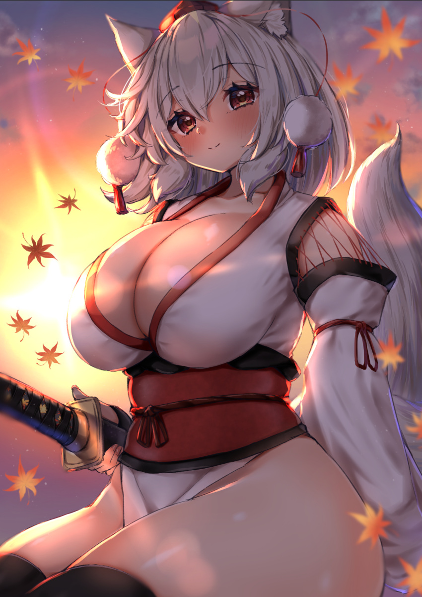 animal_ears autumn_leaves black_thighhighs breasts cleavage detached_sleeves female hat highres holding holding_sword holding_weapon huge_breasts inubashiri_momiji japanese_clothes kourindou_tengu_costume large_breasts light_smile looking_at_viewer medium_hair momiji_inubashiri obi onomiya outdoors pom_pom_(clothes) red_eyes red_headwear sash solo sword tail tassel thick_thighs thighhighs thighs tokin_hat touhou weapon white_hair wolf_ears wolf_tail