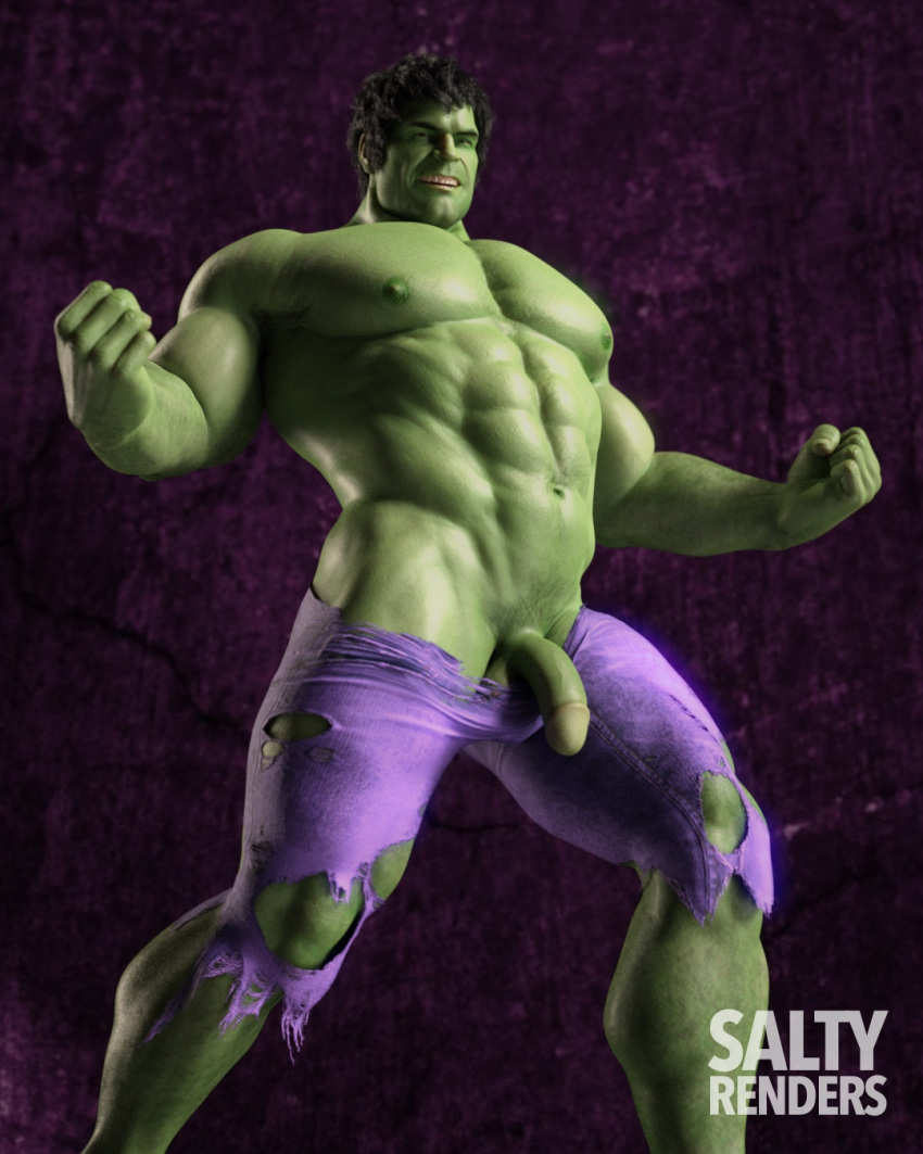 3d 3d_(artwork) 3d_model bara bara_ass beefy black_hair flaccid flaccid_cock flaccid_penis green_body green_skin himbo hulk hulk_(series) male male_focus male_only manly marvel marvel_cinematic_universe masculine muscles muscular muscular_male saltyrenders smiling