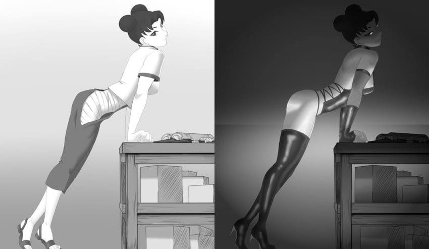 1girls against_table arched_back arm_support backless_leotard backless_outfit before_and_after breasts dominatrix double_bun feet feet_out_of_frame female female_only fingerless_gloves gloves greyscale high_heel_boots high_heels leotard licking_lips long_boots looking_at_viewer looking_to_the_side mattwilson83 monochrome naruto naruto_(series) naruto_shippuden naughty naughty_face naughty_smile outfit outfit_change pants revealing_clothes sandals shirt side_view sideboob skimpy skimpy_clothes slutty_outfit smile solo solo_focus standing tenten thigh_boots twin_buns