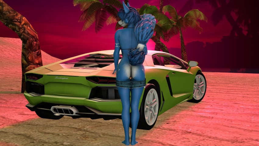 2018 3d 3d_(artwork) absurd_res accessory anthro asenak_(artist) ass blue_body blue_ears blue_fur blue_hair blue_tail bottomwear bra canid canine car clothed clothing digital_media_(artwork) female fox fur furgonomics genitals hair handpaw hi_res krystal lamborghini mammal markings mostly_nude multicolored_body multicolored_fur nintendo palm_tree partially_clothed pawpads paws plant pussy raised_tail sand seductive shorts shorts_down smile solo star_fox tail_accessory tailband tattoo teeth tree tribal tribal_markings tribal_tattoo underwear vehicle video_games white_body white_fur