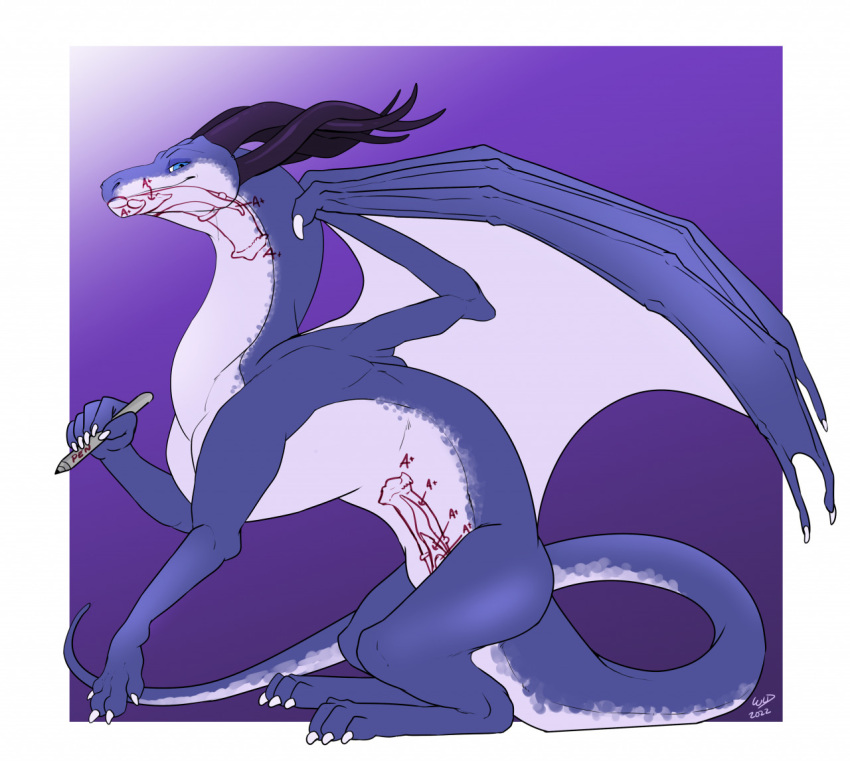 blue_eyes dragon female feral holding_object holding_pen horn kalinth membrane_(anatomy) membranous_wings pen simple_background smug solo text wanderlustdragon wings