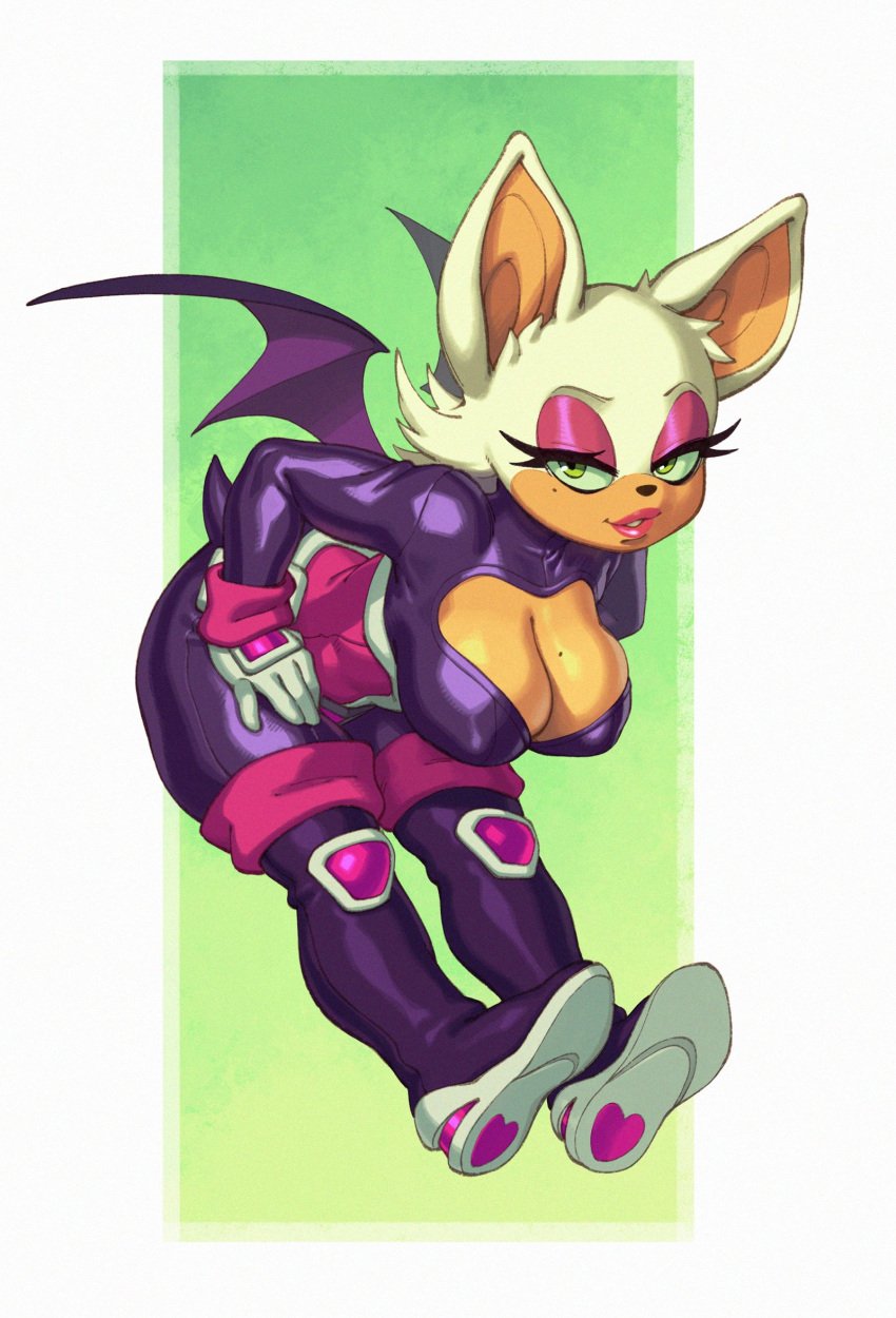 1girls 2022 animal_ears anthro bat bat_ears bat_girl bat_wings bodysuit breasts cleavage eyeshadow female female_only furry green_eyes hi_res hips huge_breasts looking_at_viewer makeup naughty_face rizdraws rouge_the_bat rouge_the_bat_(heroes) sega slim_waist sonic_(series) sonic_heroes tan tan-skinned_female tanned_skin thick_thighs thighs white_fur wide_hips wings