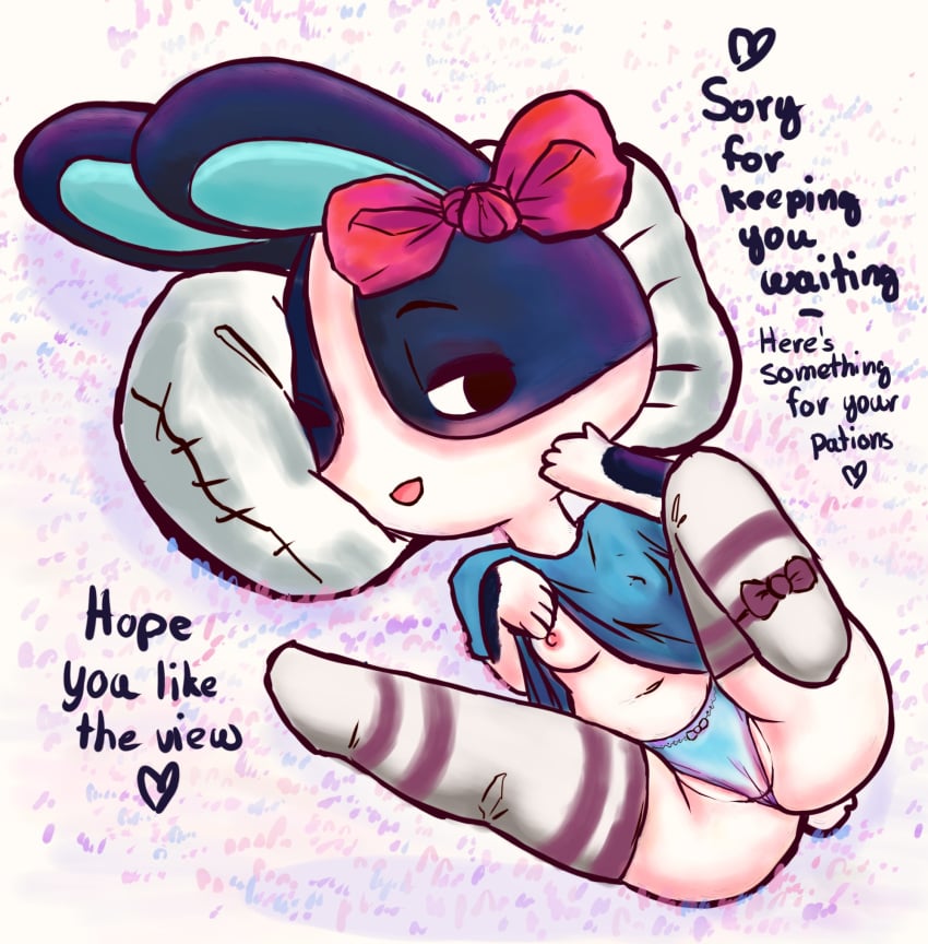 animal_crossing animal_humanoid animal_pussy anthro anthro_only ass belly belly_button black_fur blue_fur blue_panties blush breasts breasts_out bunny_ears bunny_girl dotti dotty_(animal_crossing) furry furry_ears furry_only laying_down leg_up legs legs_apart legs_up legwear naughty_face nintendo nipple_slip panties pantyshot pillow pink_nipples pleasurecheri shirt shirt_lift socks spread_legs thighs tights video_games viewed_from_above white_fur white_legwear