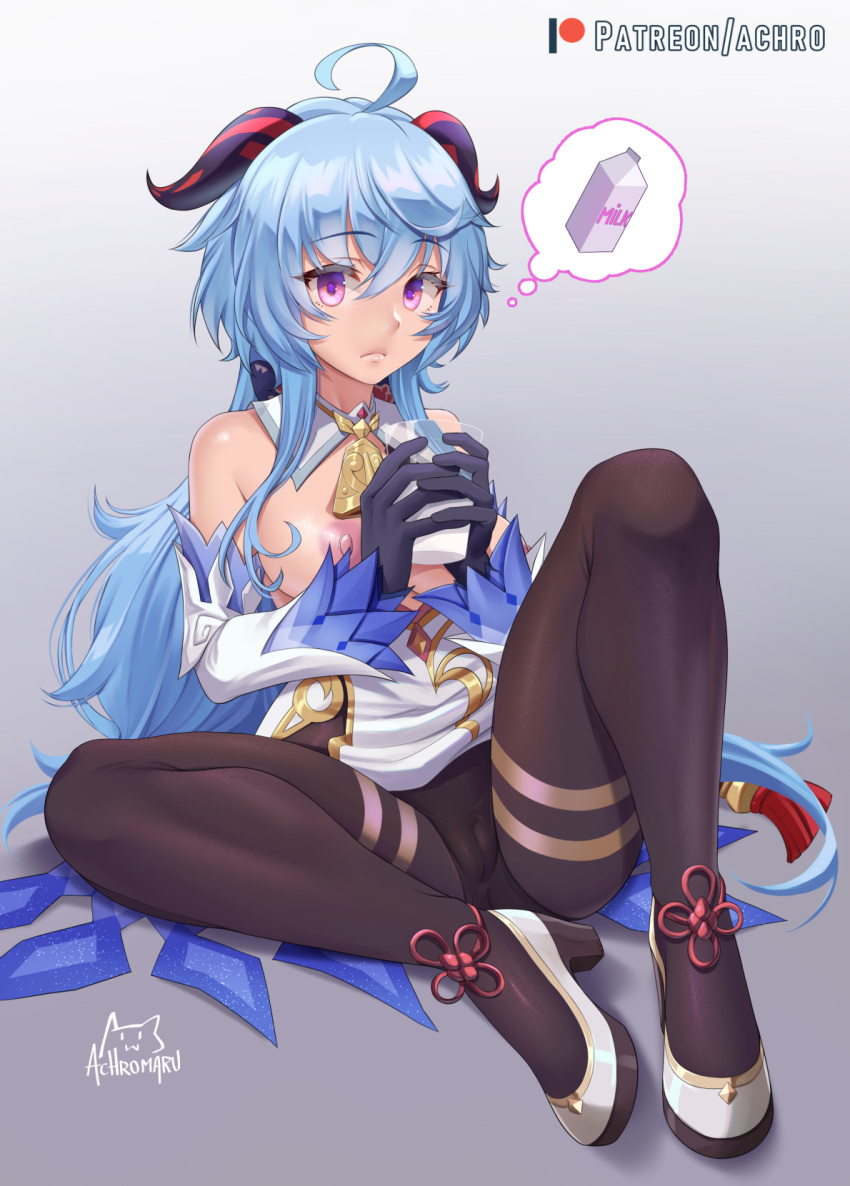 achromaru ahoge artist_name bangs bell black_gloves black_legwear blue_hair breasts cameltoe detached_sleeves eyebrows_visible_through_hair female ganyu_(genshin_impact) genshin_impact glass gloves gold_trim high_heels highres horns knee_up long_hair looking_at_viewer medium_breasts milk milk_carton neck_bell nipples pantyhose patreon_username purple_eyes reward_available sidelocks sitting solo tassel thighlet white_sleeves