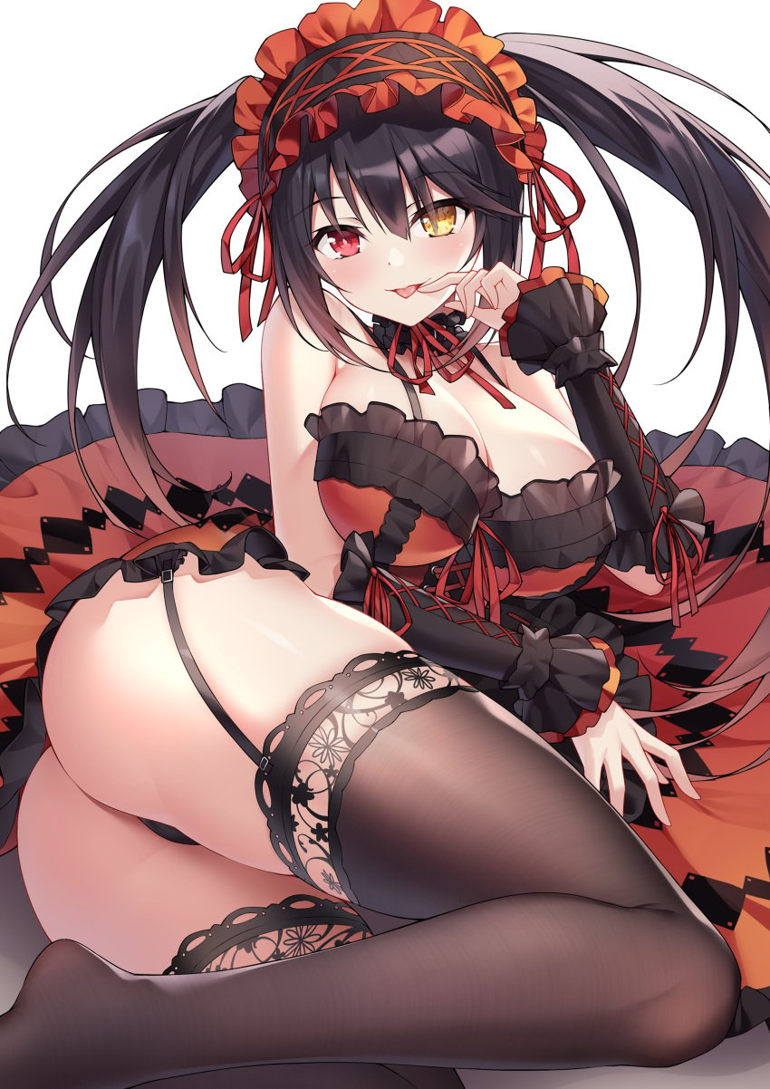 black_hair black_legwear black_panties blush breasts cleavage clock_eye date_a_live detached_collar detached_sleeves dress eyebrows_visible_through_hair eyelashes_visible_through_hair finger_to_mouth frilled_dress frills garter_straps hair_between_eyes lace lace-trimmed_legwear looking_at_viewer on_side panties red_eye simple_background thighhighs tokisaki_kurumi tongue tongue_out twintails two-tone_dress upskirt white_background zhi_jiyang