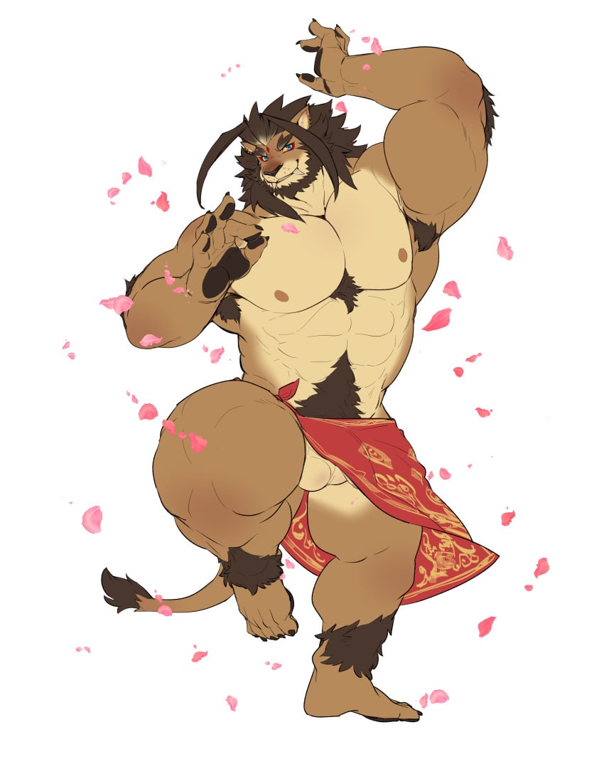 abs absurd_res ankle_tuft anthro armpit_hair balls bangs barong_(tokyo_afterschool_summoners) beard body_hair bulge casual_exposure chest_hair claws clothed clothing dancing facial_hair felid finger_claws flower_petals genitals handpaw happy_trail hi_res leg_tuft lifewonders lion male male_only mammal mane markings muscular muscular_male nipples no_underwear pantherine pawpads paws pecs petals pubes sarong sideburns solo tokyo_afterschool_summoners tuft uken_l video_games