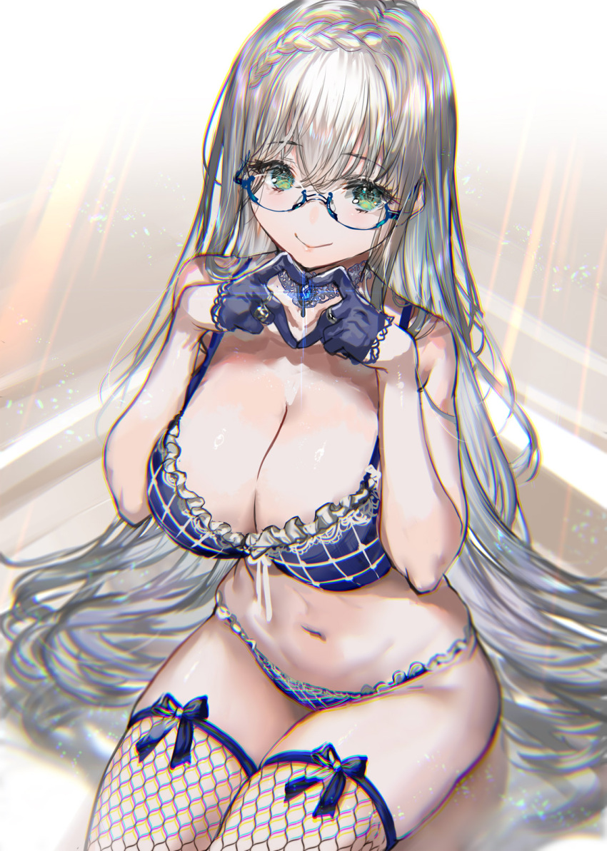 1girls 2022 braid breasts choker eyebrows_visible_through_hair female female female_focus female_only fishnets frills from_above glasses gloves green_eyes hair_between_eyes heart heart_hands highres large_breasts long_hair looking_up navel original pale_skin ran'ou_(tamago_no_kimi) semi-rimless_eyewear silver_hair sitting smile solo solo_female thighhighs