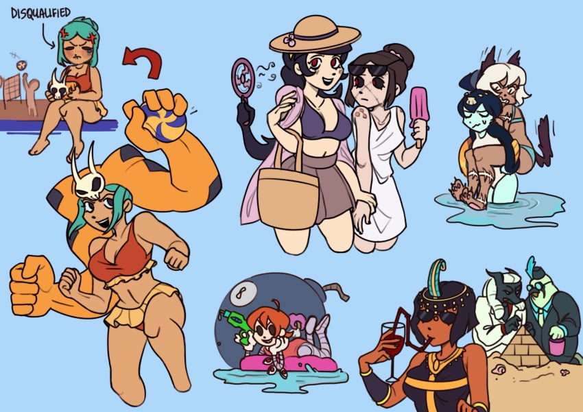 albus_(skullgirls) beach bikini bob_cut breasts cerebella egyptian eliza_(skullgirls) female filia_(skullgirls) group horace_(skullgirls) lonesome_lenny minette_(skullgirls) nadia_fortune one-piece_swimsuit painwheel peacock_(skullgirls) samson_(skullgirls) skullgirls summer swimsuit tagme vice-versa