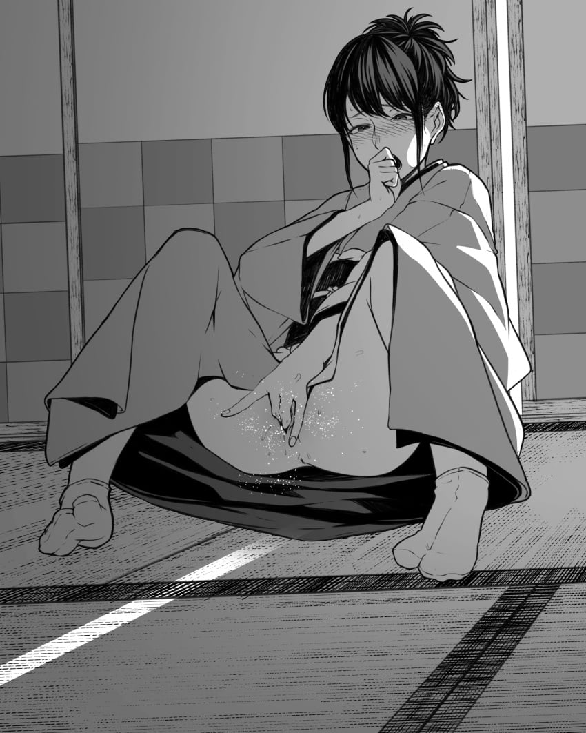 blush female female_masturbation female_only finger_fuck fingering fingering_self gintama greyscale kimono kobaji masturbation monochrome no_panties ponytail pussy_juice shimura_tae shouji sitting socks solo spread_legs sweat tabi tatami