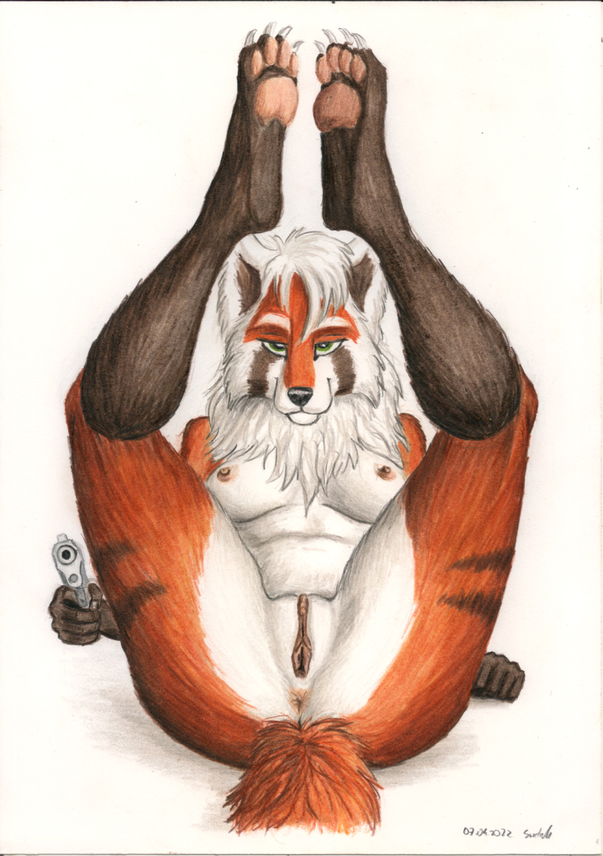 anthro breasts canid canine claws digitigrade female fox genitals green_eyes gun hi_res legs_up looking_at_viewer mammal nipples pawpads paws pointing_gun presenting presenting_pussy pussy ranged_weapon red_fox rule_63 solo syntech venil weapon