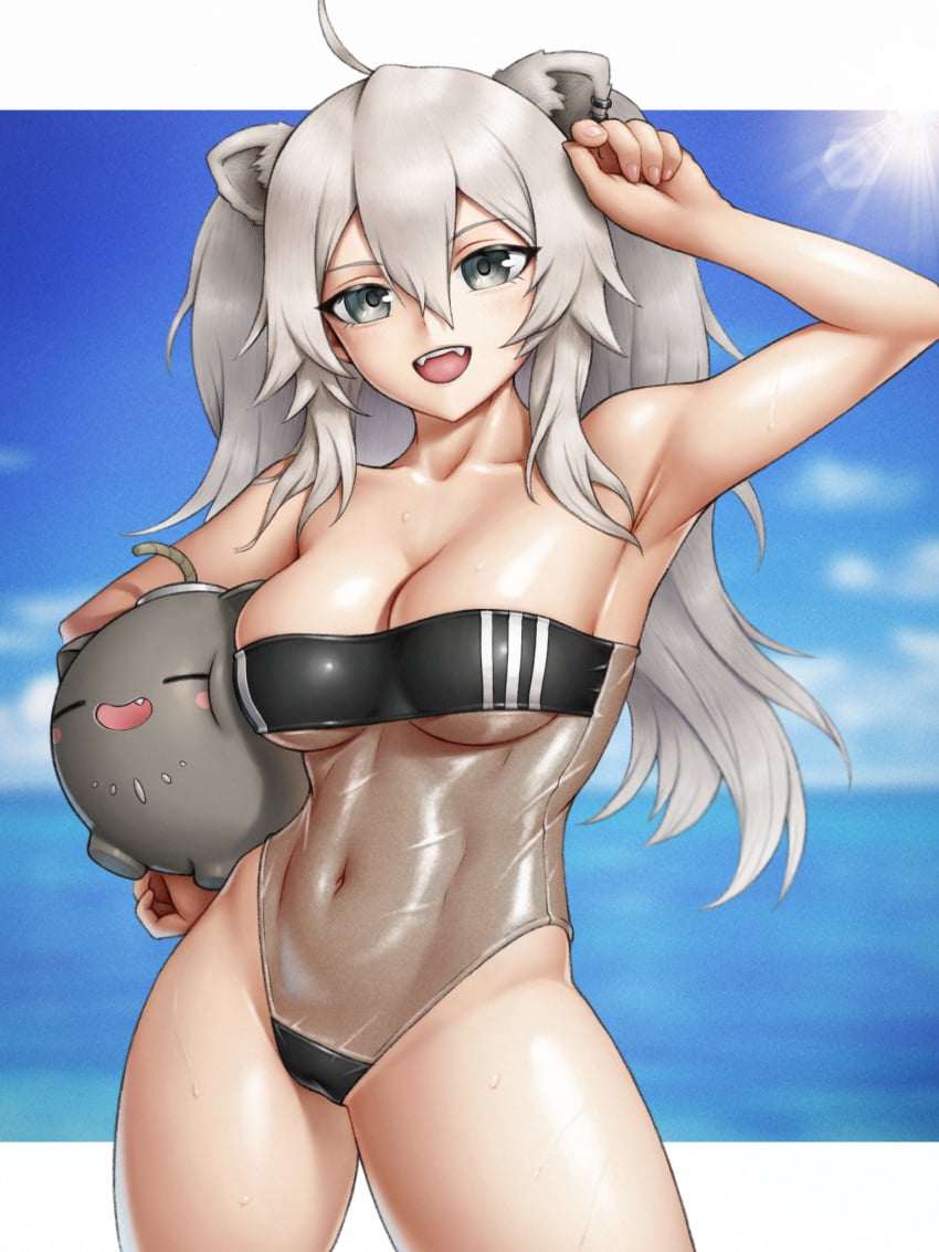 1girls 2022 ahoge animal_ears breasts casual_one-piece_swimsuit cleavage covered_navel double_vertical_stripe fan_mascot_(vtuber) fangs female female_focus female_only grey_eyes grey_hair gris_swimsuit highleg highleg_swimsuit highres hololive hololive_gen_5 hololive_japan lion_ears lion_girl long_hair medium_breasts meme_attire messy_hair navel one-piece_swimsuit open_mouth see-through see-through_swimsuit shiny shiny_hair shiny_skin shishiro_botan skylock smile solo solo_female ssrb strapless strapless_swimsuit swimsuit two_side_up virtual_youtuber wet