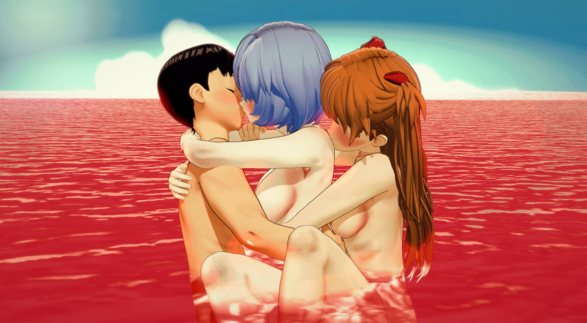 1boy 2girls 3d asuka_langley_sohryu bisexual blue_hair blush breasts female ffm_threesome human kissing kissing_shoulder koikatsu lcl light-skinned_female light_skin long_hair medium_breasts neon_genesis_evangelion nipples nude orange_hair pale-skinned_female pale_skin red_hair rei_ayanami shinji_ikari short_hair threesome water wet