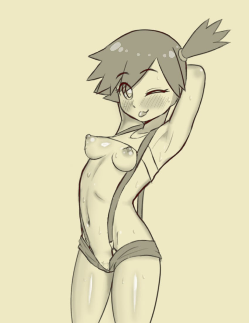 1girls armpits arms_behind_head blush dzyer hair_tie_in_mouth ineffective_clothing kasumi_(pokemon) looking_at_viewer monochrome nintendo pokemon puffy_nipples short_shorts shorts sketch small_breasts smile sweat teenager tongue_out wink yellow_theme