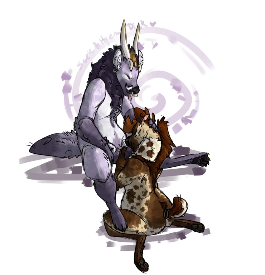 2boys animal_genitalia animal_penis anthro artimus_(character) claws closed_eyes damian_(maim) demon duo duo_focus ear_piercing facial_piercing fellatio fur genitals hand_on_head hand_on_penis hi_res horn hyaenid kneeling kneeling_oral_position male male/male male_only male_penetrated male_penetrating male_penetrating_male mammal mane markings melthecannibal monster nose_piercing nose_ring nude oral oral_penetration pawpads penetration penile penis piercing sex simple_background sitting smile spots spotted_hyena tongue tusks white_background