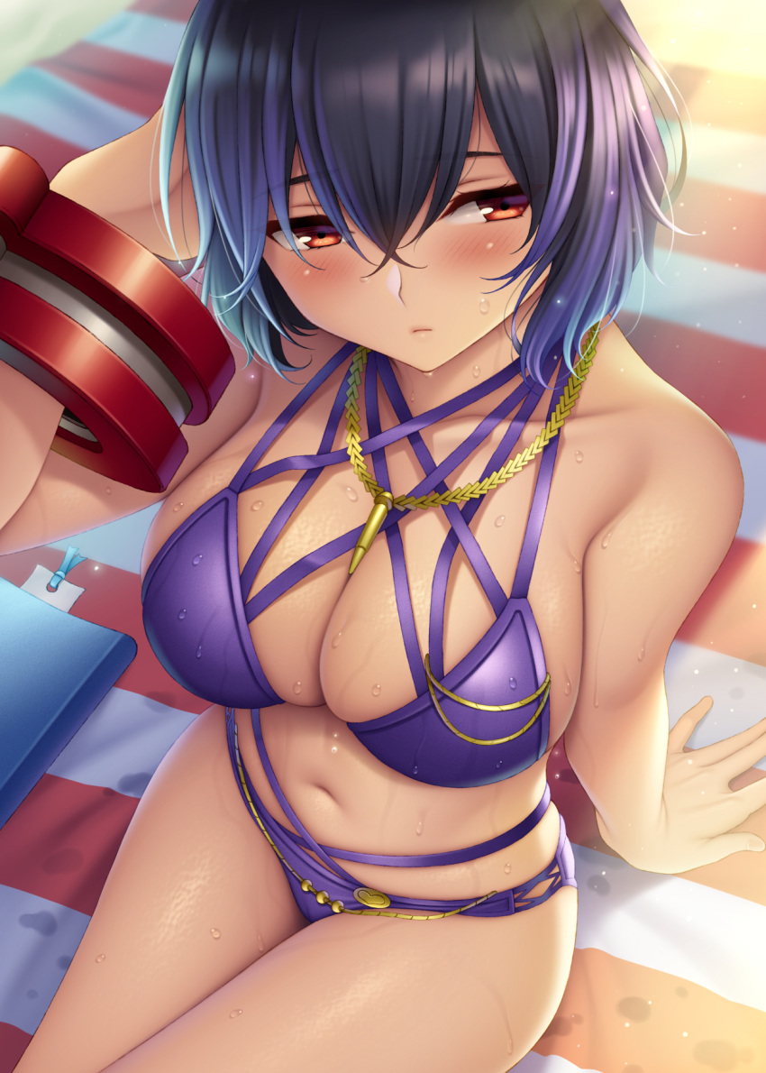 1girls 2020 arm_support bangs beach bikini blush breasts cleavage day female female female_focus female_only god_eater god_eater_resonant_ops highres jewelry large_breasts looking_at_viewer multi-strapped_bikini necklace outdoors purple_bikini purple_hair red_eyes sera_kisaragi short_hair solo solo_female swimsuit watanuki_kaname wet