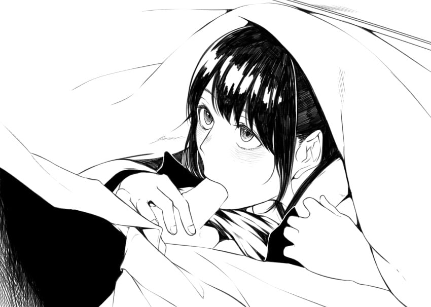 1boy 1girls blowjob faceless_male fellatio female female_focus gintama gintoki_sakata holding_penis kobaji kotatsu line_art looking_at_another monochrome oral penis shimura_tae under_covers under_the_table