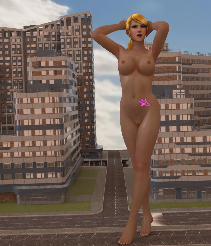 3d arms_behind_head breasts giantess jc-starstorm metroid nintendo nude pussy samus_aran snow standing tattoo