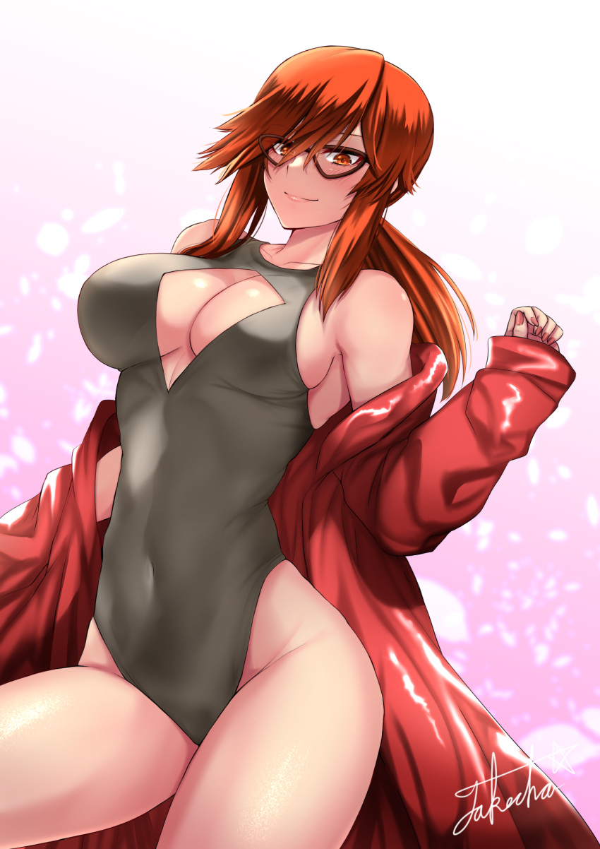 1girls 2022 bare_shoulders belly black_swimsuit breasts cleavage clothing_cutout coat collarbone covered_navel cowboy_shot female female_focus female_only glasses highleg highleg_swimsuit highres large_breasts leotard long_hair looking_down lorelei_(pokemon) lorelei_(pokemon_frlg) off_shoulder petals pink_background pokemon pokemon_(game) pokemon_frlg red_coat red_hair signature smile solo solo_female swimsuit takecha thighs